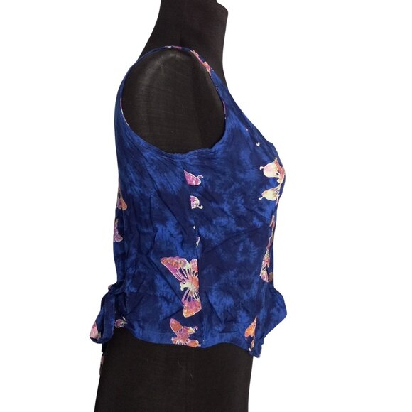Bali Casuals S Top Vest Butterfly Print Blue Button Down Sleeveless Tie Back - Picture 4 of 8